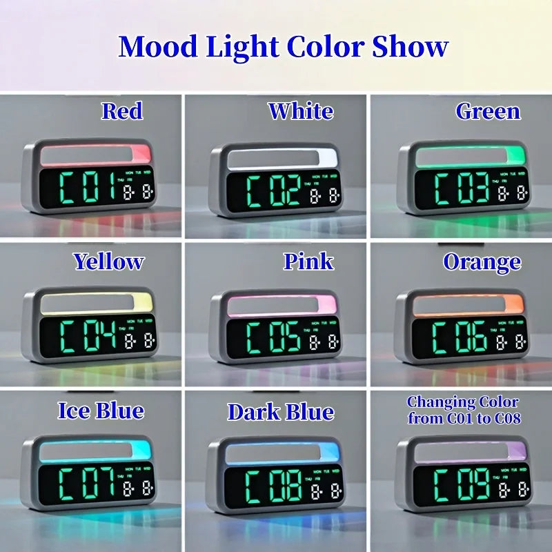 Digital Alarm Clock with 8-Color Changing Mood Light, Date & Week Display, DST, Snooze, Auto-Dimming LED, Sleep Mode, and 12/24-Hour Format