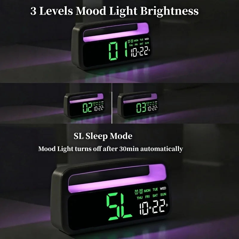 Digital Alarm Clock with 8-Color Changing Mood Light, Date & Week Display, DST, Snooze, Auto-Dimming LED, Sleep Mode, and 12/24-Hour Format